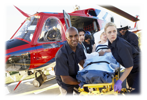 Paramedics moving a patient from a helicopter