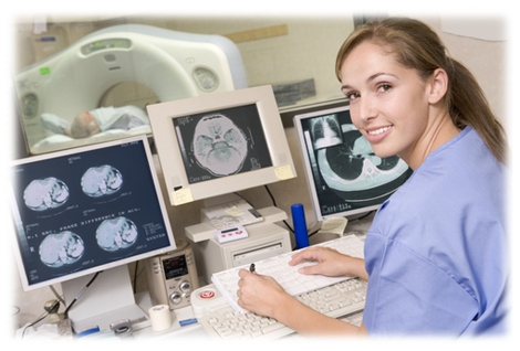 Radiology tech at her computer